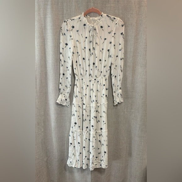 JOIE “Waneta” blue white flower midi dress 3-tier long sleeve ruffle cuff. XS - Picture 12 of 16